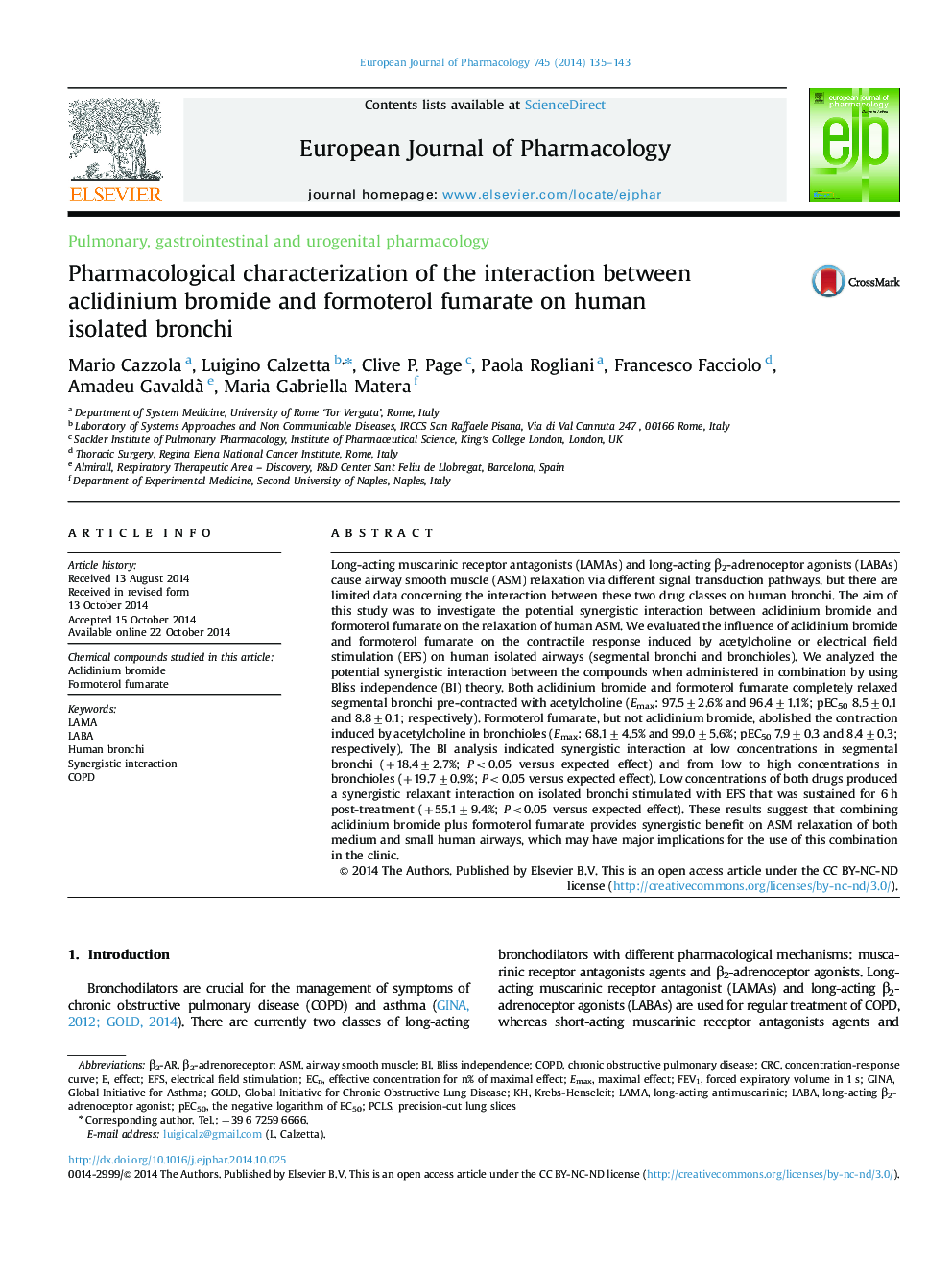 Pharmacological characterization of the interaction between aclidinium bromide and formoterol fumarate on human isolated bronchi