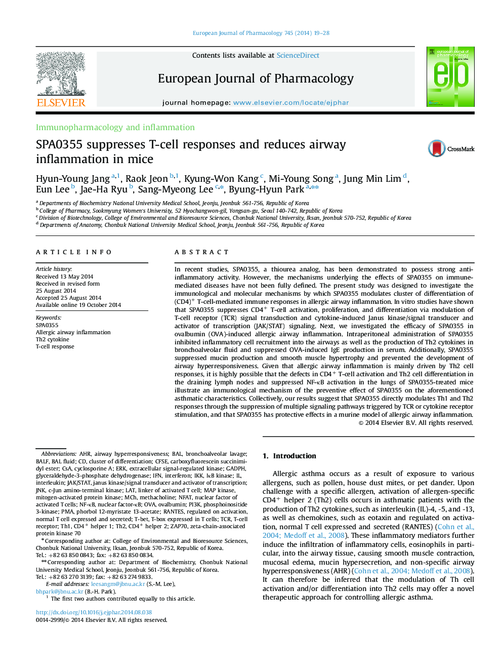 SPA0355 suppresses T-cell responses and reduces airway inflammation in mice