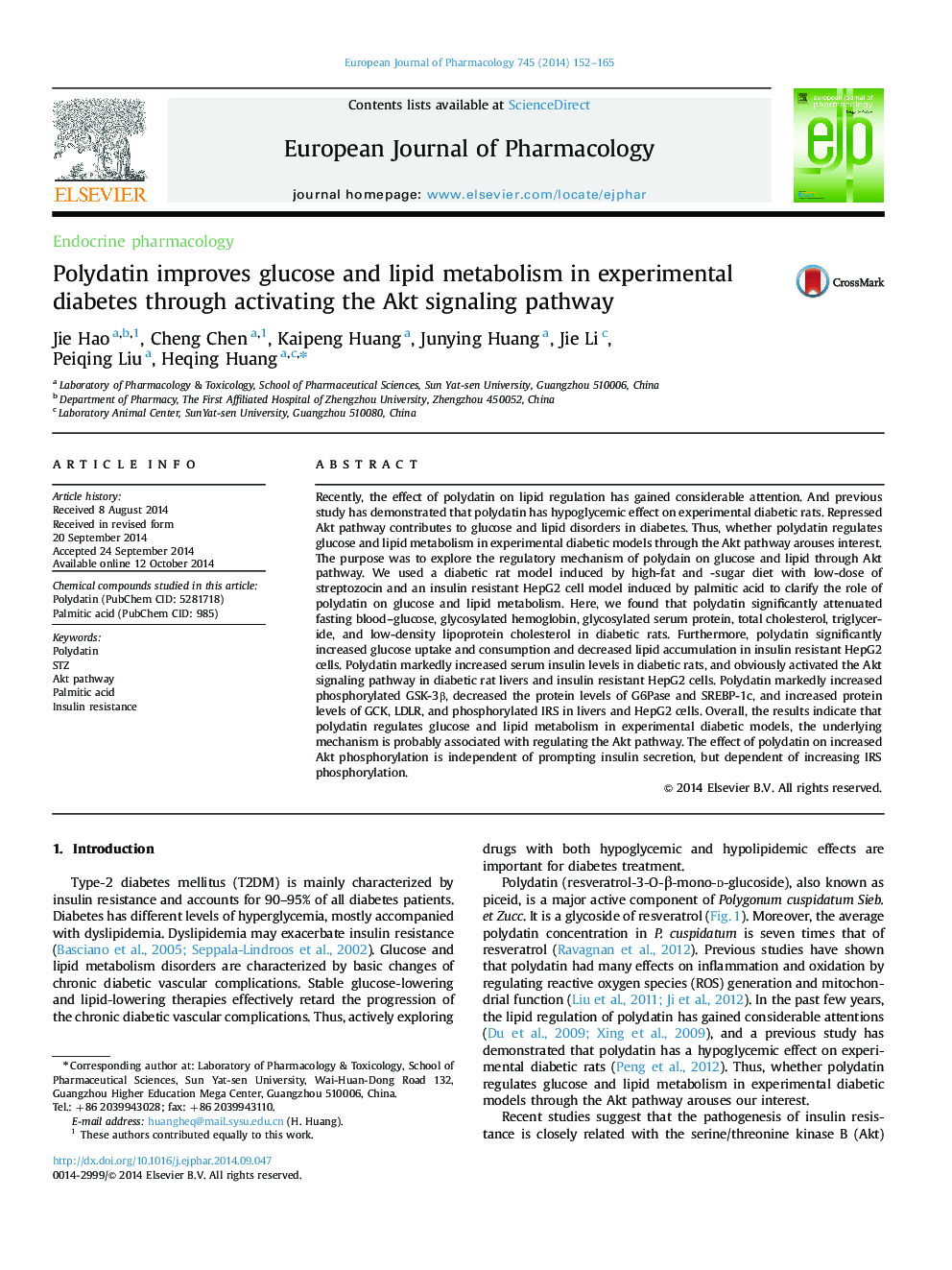 Polydatin improves glucose and lipid metabolism in experimental diabetes through activating the Akt signaling pathway