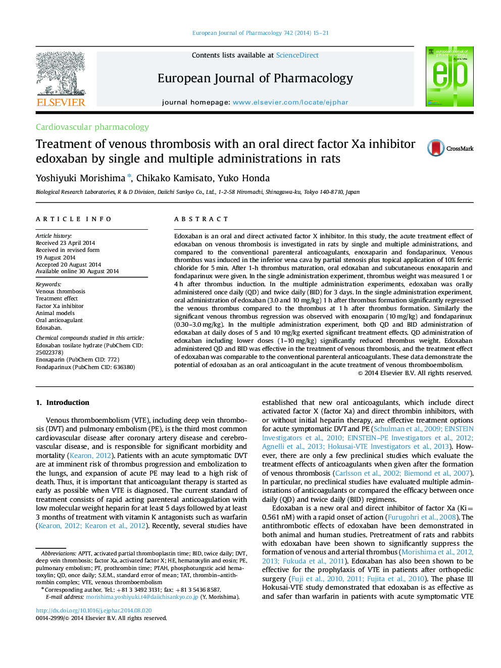 Treatment of venous thrombosis with an oral direct factor Xa inhibitor edoxaban by single and multiple administrations in rats