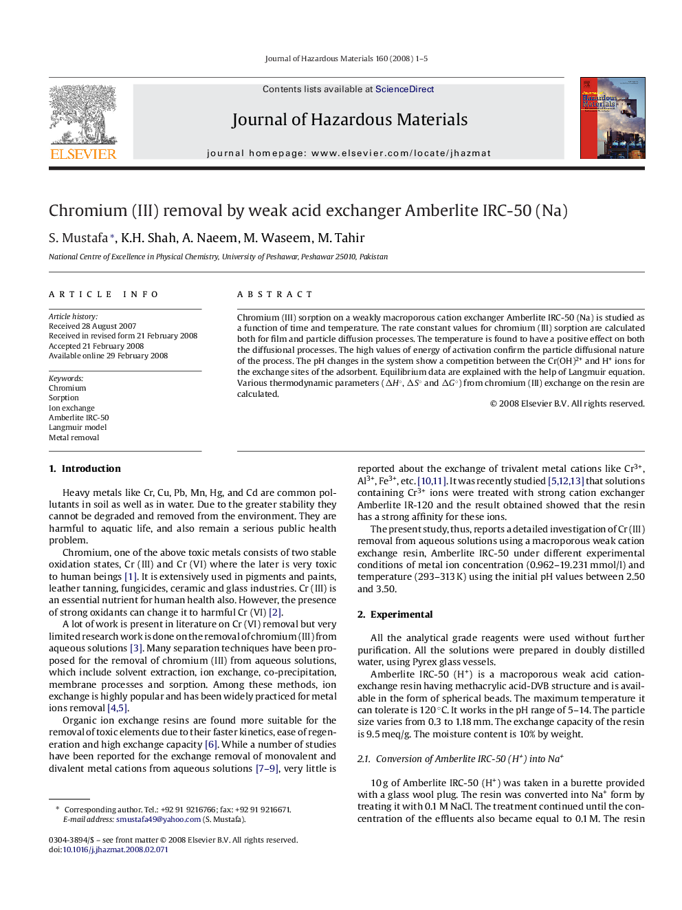 Chromium (III) removal by weak acid exchanger Amberlite IRC-50 (Na)