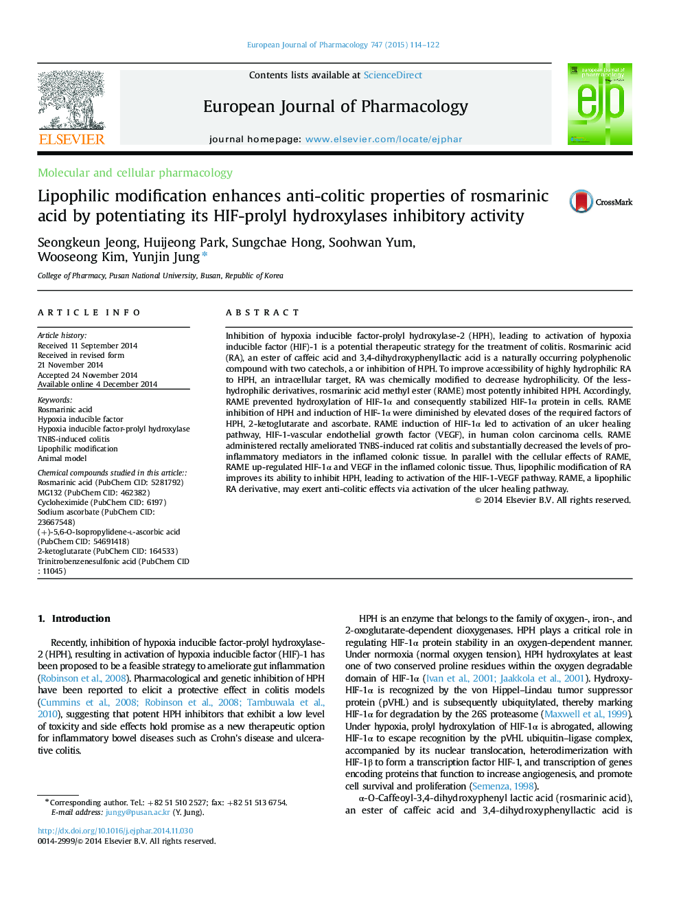 Lipophilic modification enhances anti-colitic properties of rosmarinic acid by potentiating its HIF-prolyl hydroxylases inhibitory activity