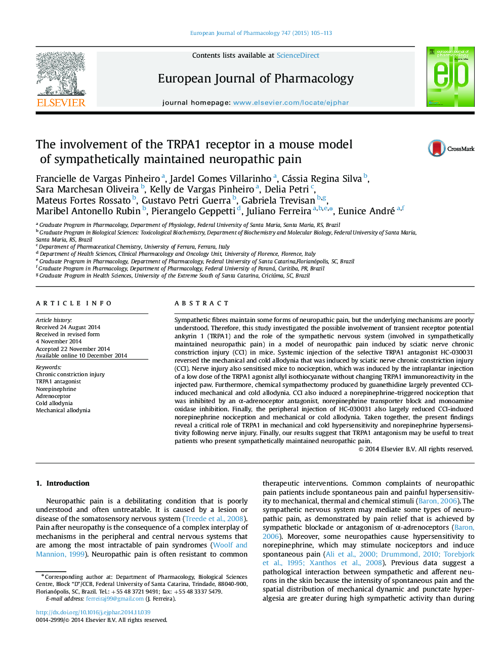 The involvement of the TRPA1 receptor in a mouse model of sympathetically maintained neuropathic pain