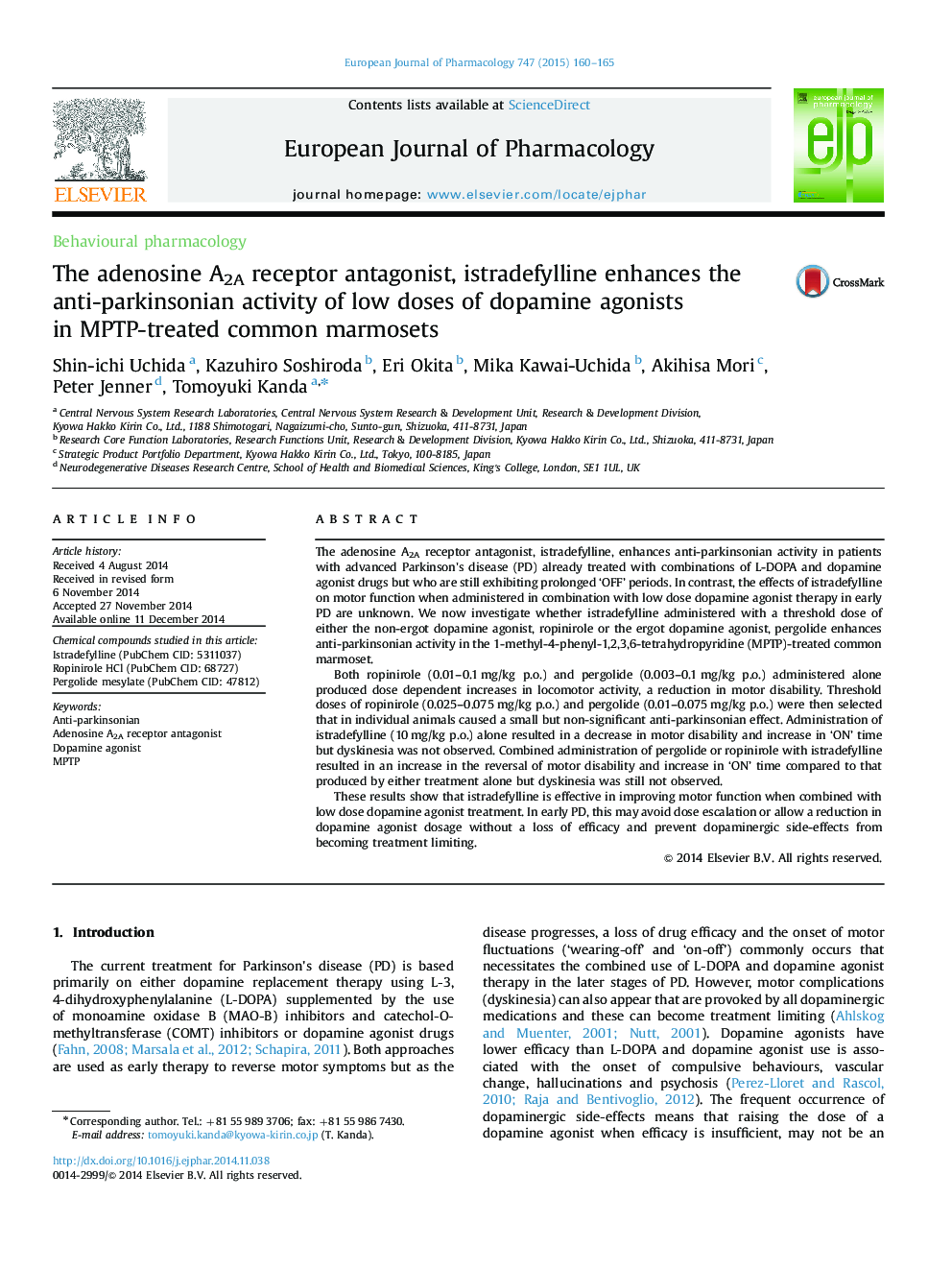 The adenosine A2A receptor antagonist, istradefylline enhances the anti-parkinsonian activity of low doses of dopamine agonists in MPTP-treated common marmosets