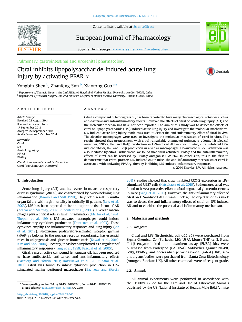 Citral inhibits lipopolysaccharide-induced acute lung injury by activating PPAR-Î³