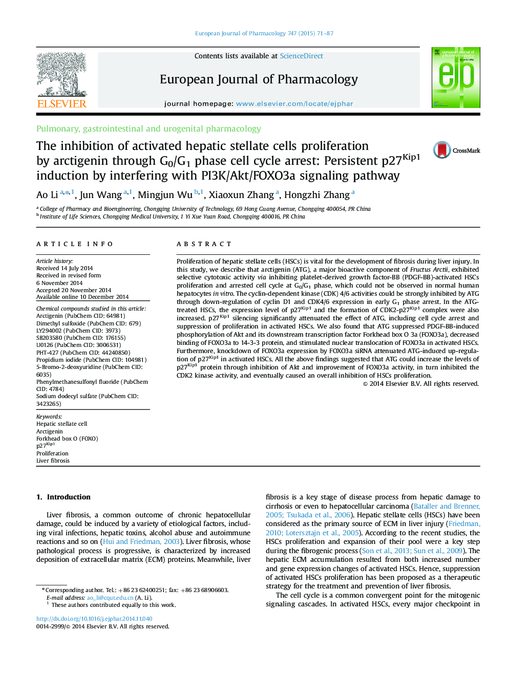 The inhibition of activated hepatic stellate cells proliferation by arctigenin through G0/G1 phase cell cycle arrest: Persistent p27Kip1 induction by interfering with PI3K/Akt/FOXO3a signaling pathway