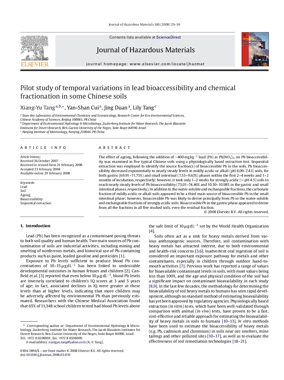 Pilot study of temporal variations in lead bioaccessibility and chemical fractionation in some Chinese soils