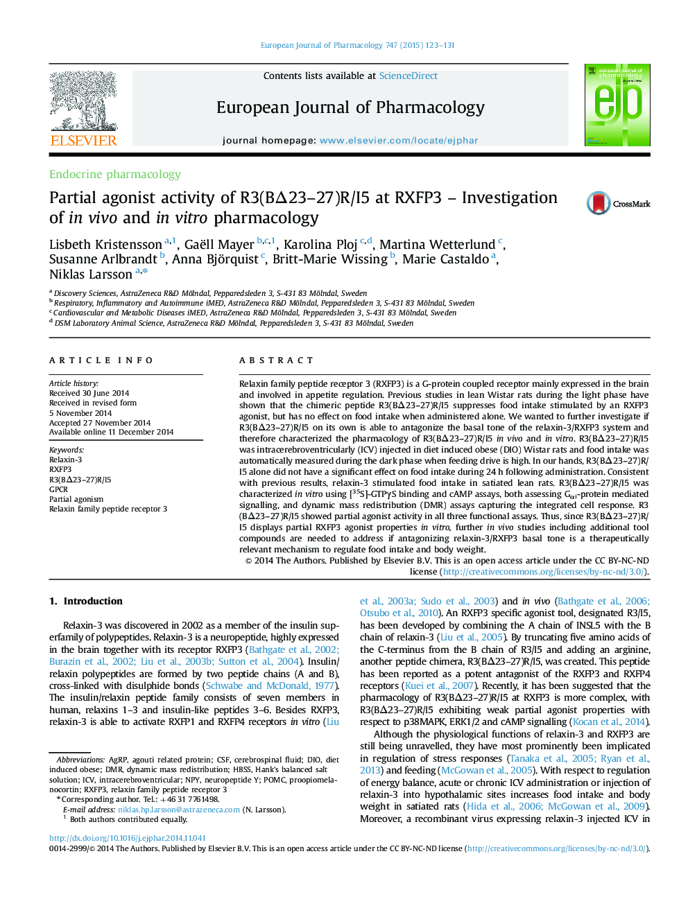 Endocrine pharmacologyPartial agonist activity of R3(BÎ23-27)R/I5 at RXFP3 - Investigation of in vivo and in vitro pharmacology