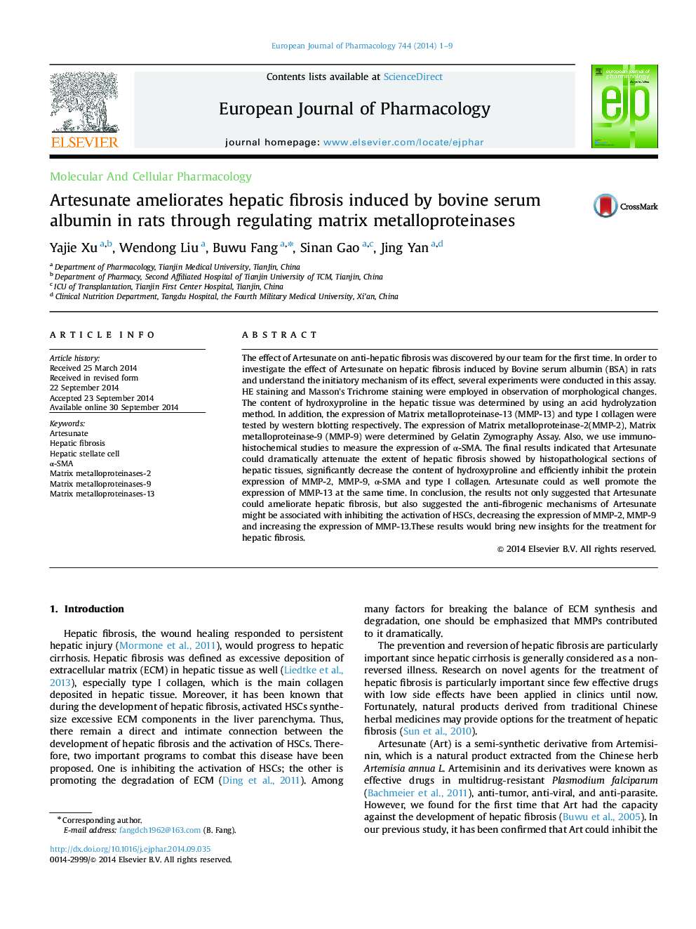 Artesunate ameliorates hepatic fibrosis induced by bovine serum albumin in rats through regulating matrix metalloproteinases