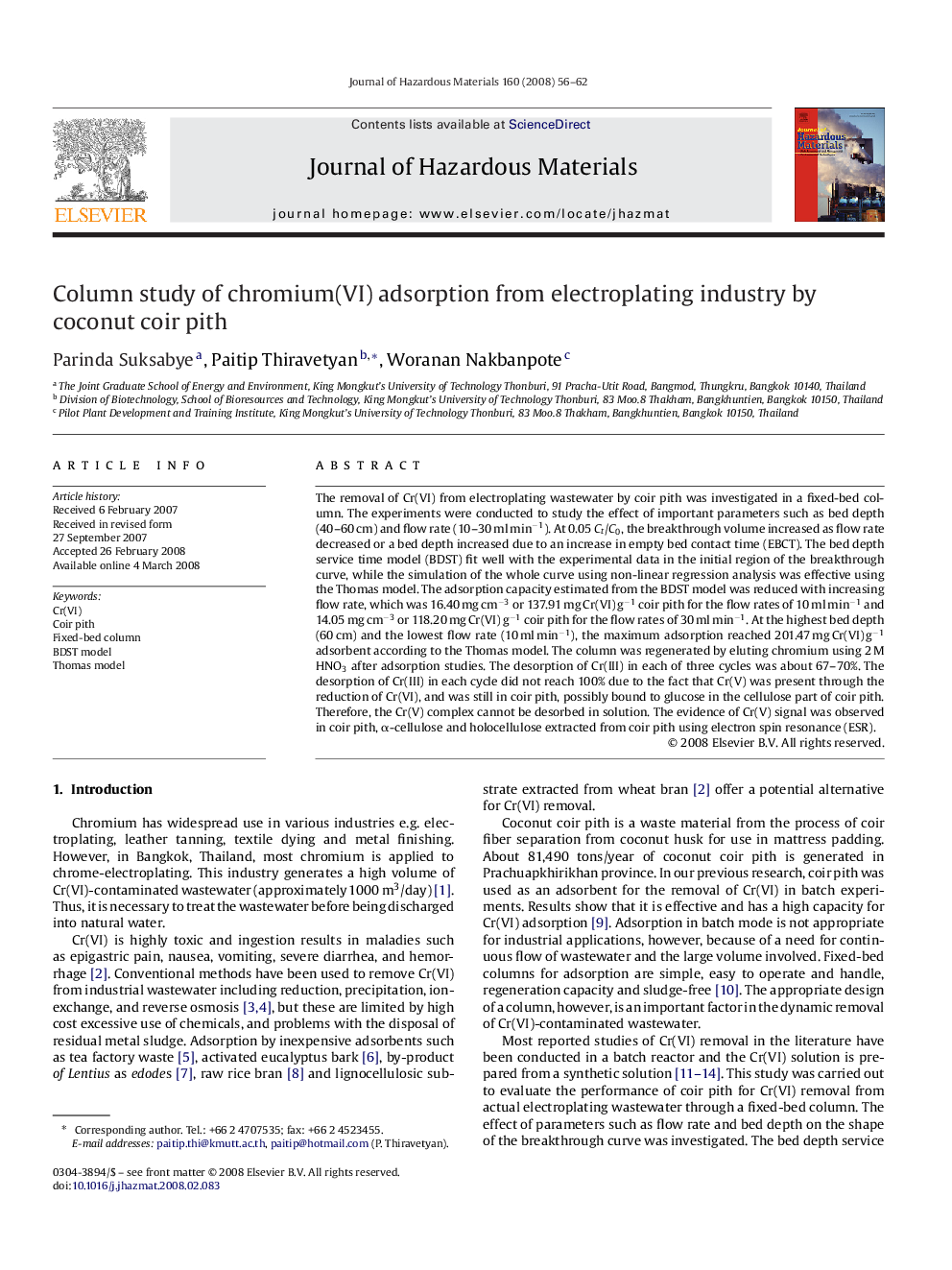 Column study of chromium(VI) adsorption from electroplating industry by coconut coir pith