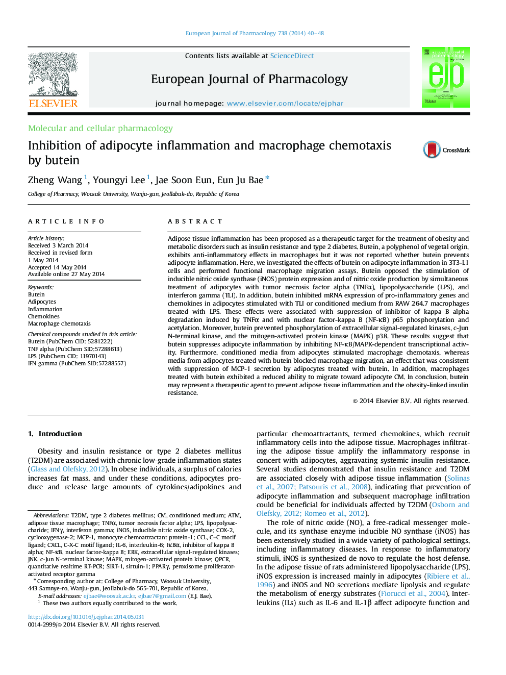 Inhibition of adipocyte inflammation and macrophage chemotaxis by butein