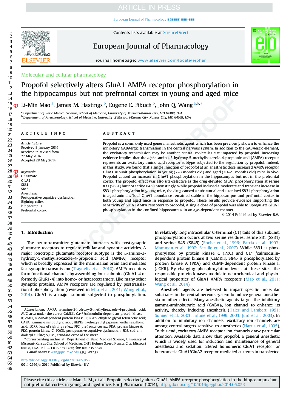 Propofol selectively alters GluA1 AMPA receptor phosphorylation in the hippocampus but not prefrontal cortex in young and aged mice