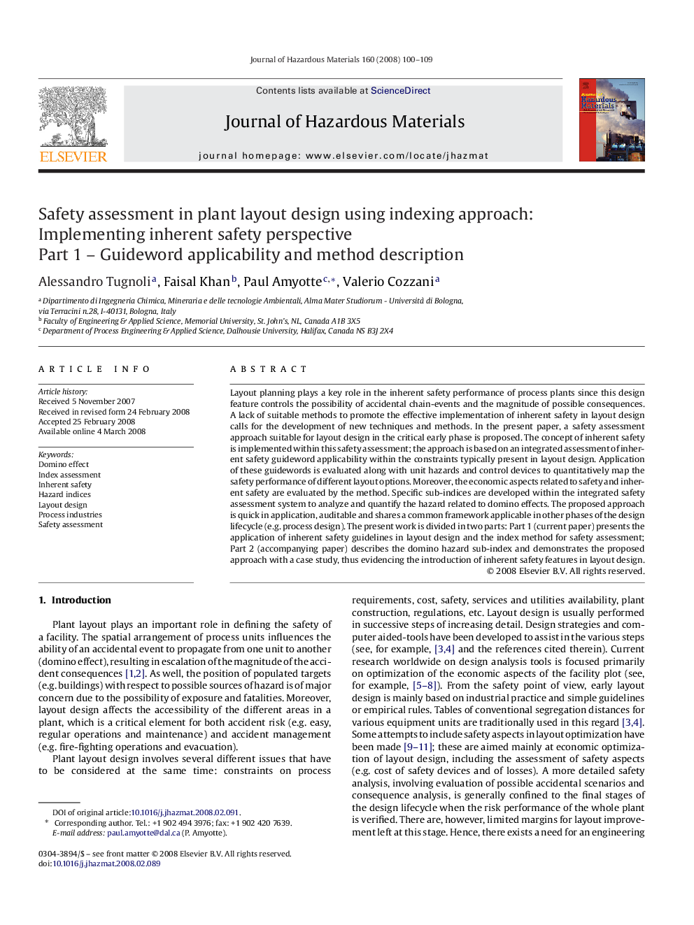 Safety assessment in plant layout design using indexing approach: Implementing inherent safety perspective