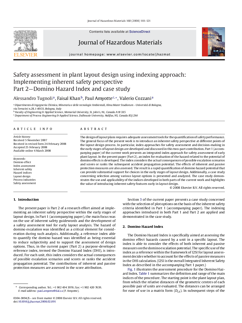 Safety assessment in plant layout design using indexing approach: Implementing inherent safety perspective