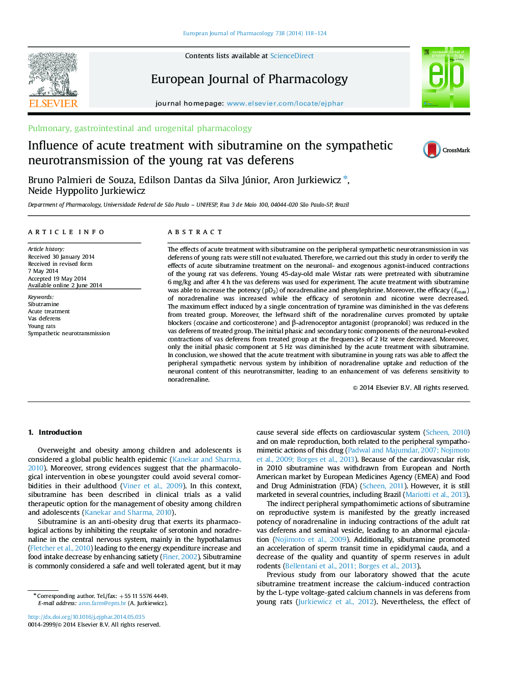 Pulmonary, gastrointestinal and urogenital pharmacologyInfluence of acute treatment with sibutramine on the sympathetic neurotransmission of the young rat vas deferens