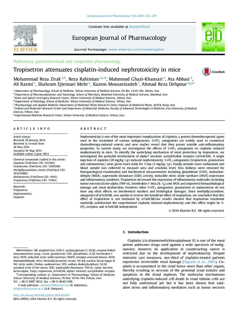 Pulmonary, gastrointestinal and urogenital pharmacologyTropisetron attenuates cisplatin-induced nephrotoxicity in mice