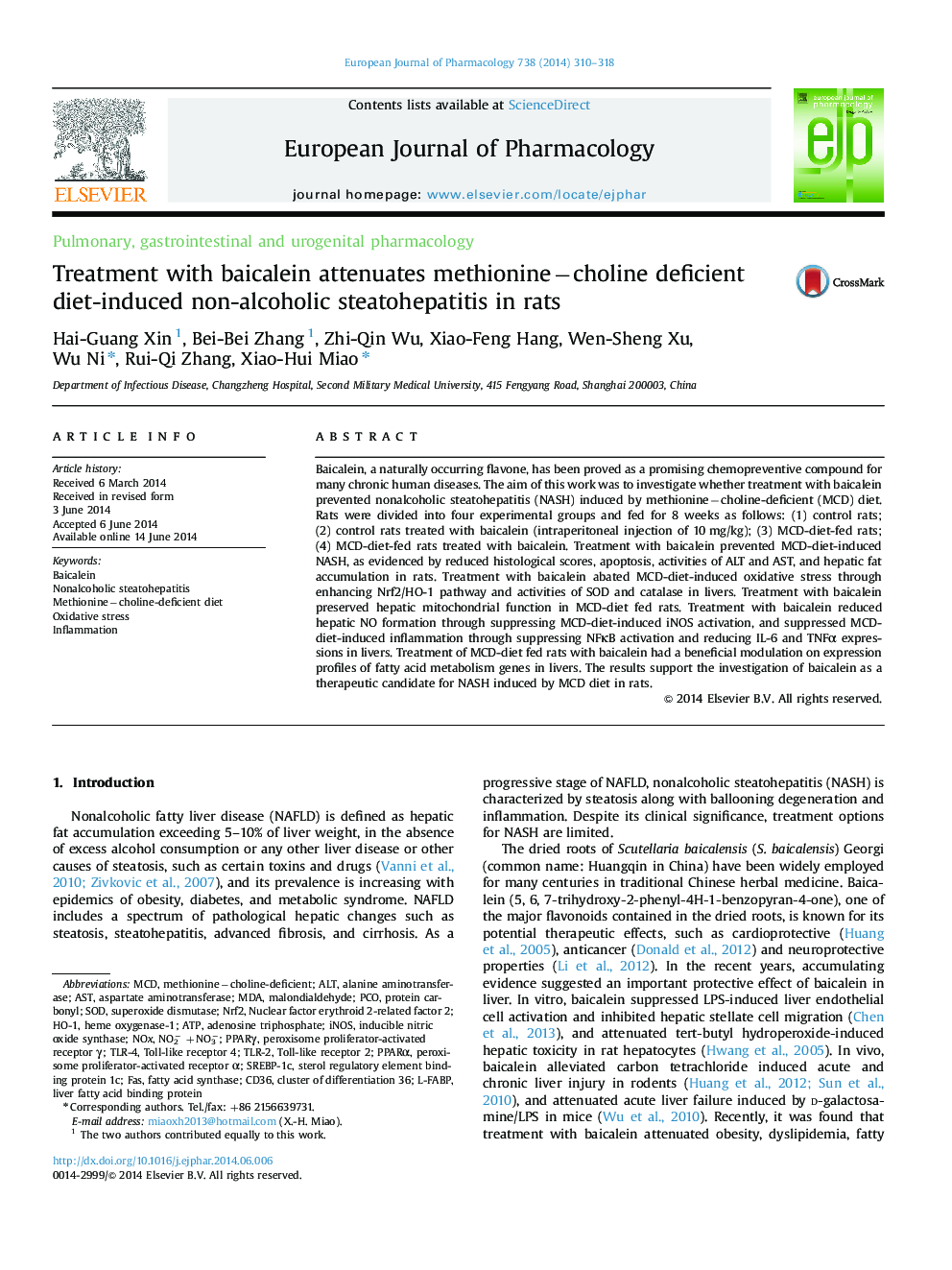 Pulmonary, gastrointestinal and urogenital pharmacologyTreatment with baicalein attenuates methionineâcholine deficient diet-induced non-alcoholic steatohepatitis in rats