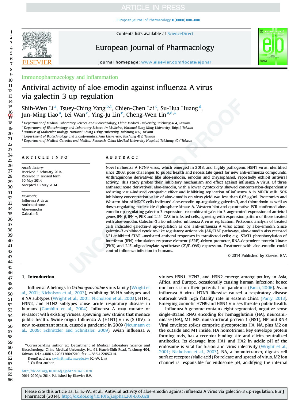 Antiviral activity of aloe-emodin against influenza A virus via galectin-3 up-regulation