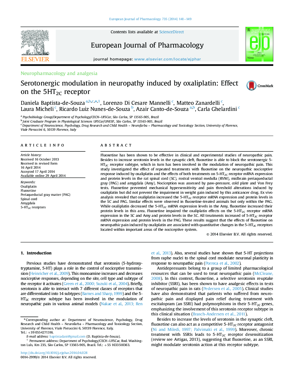 Neuropharmacology and analgesiaSerotonergic modulation in neuropathy induced by oxaliplatin: Effect on the 5HT2C receptor