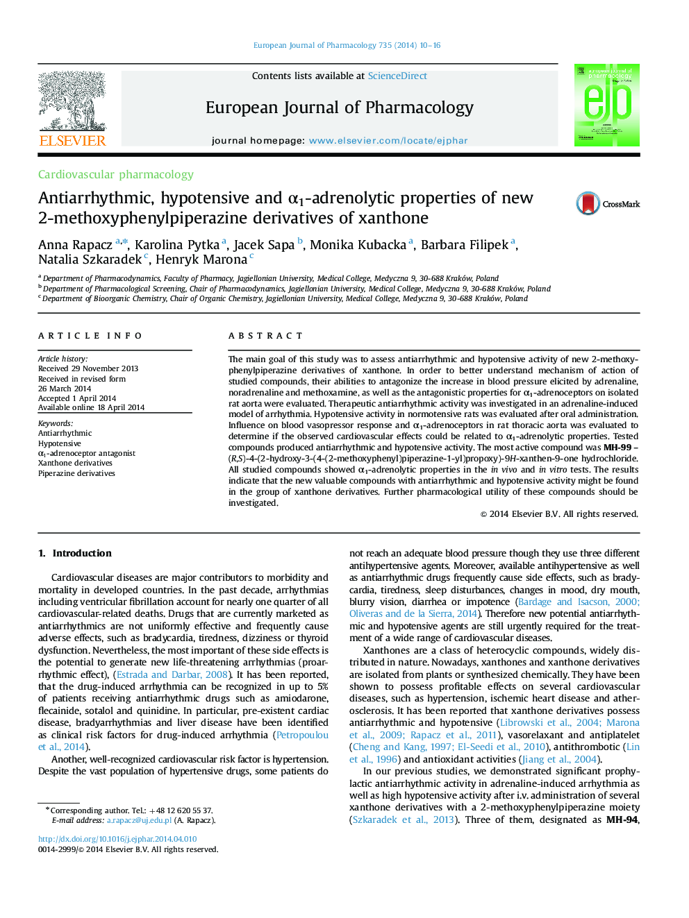 Antiarrhythmic, hypotensive and Î±1-adrenolytic properties of new 2-methoxyphenylpiperazine derivatives of xanthone