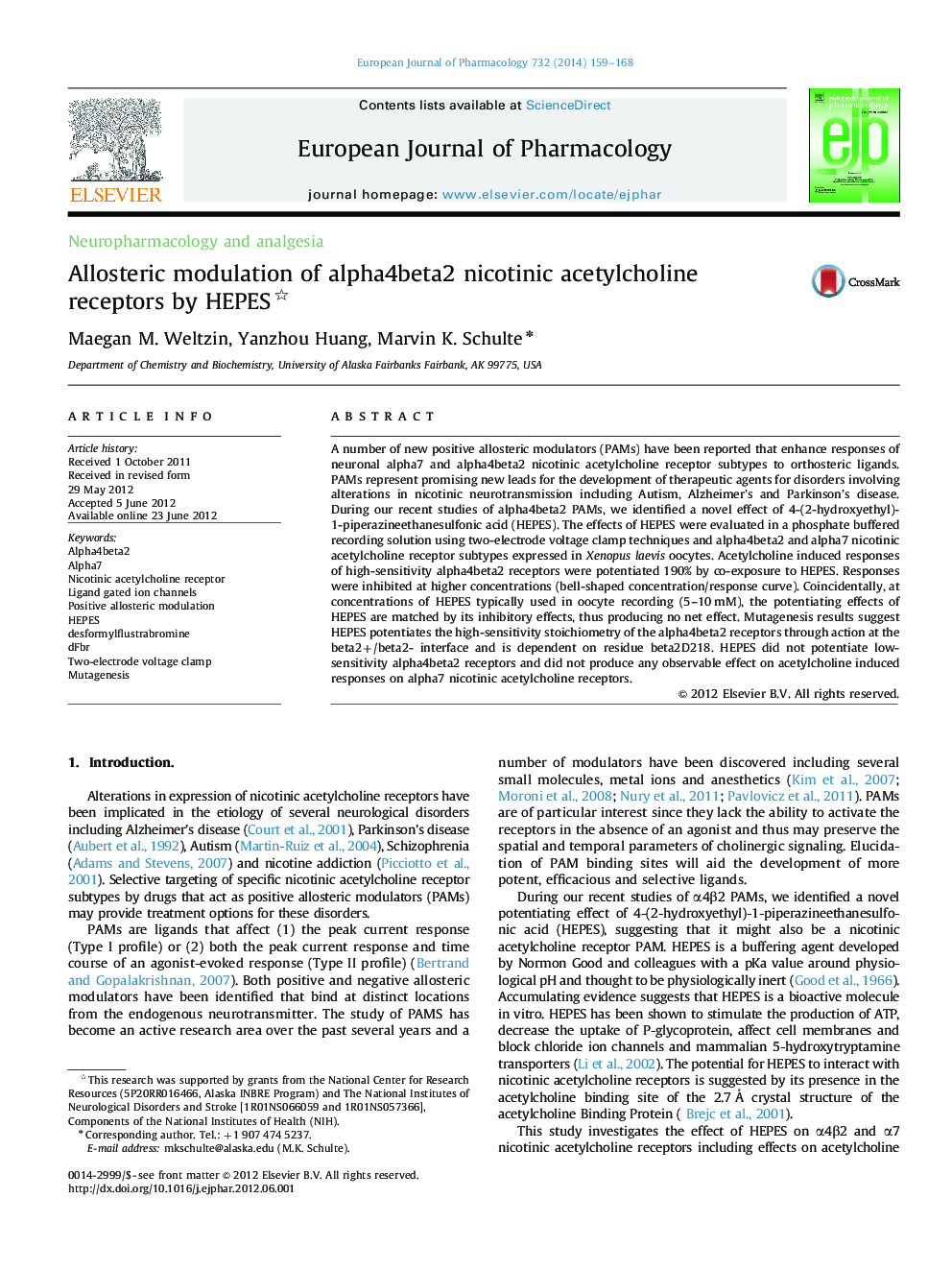 Neuropharmacology and analgesiaAllosteric modulation of alpha4beta2 nicotinic acetylcholine receptors by HEPES