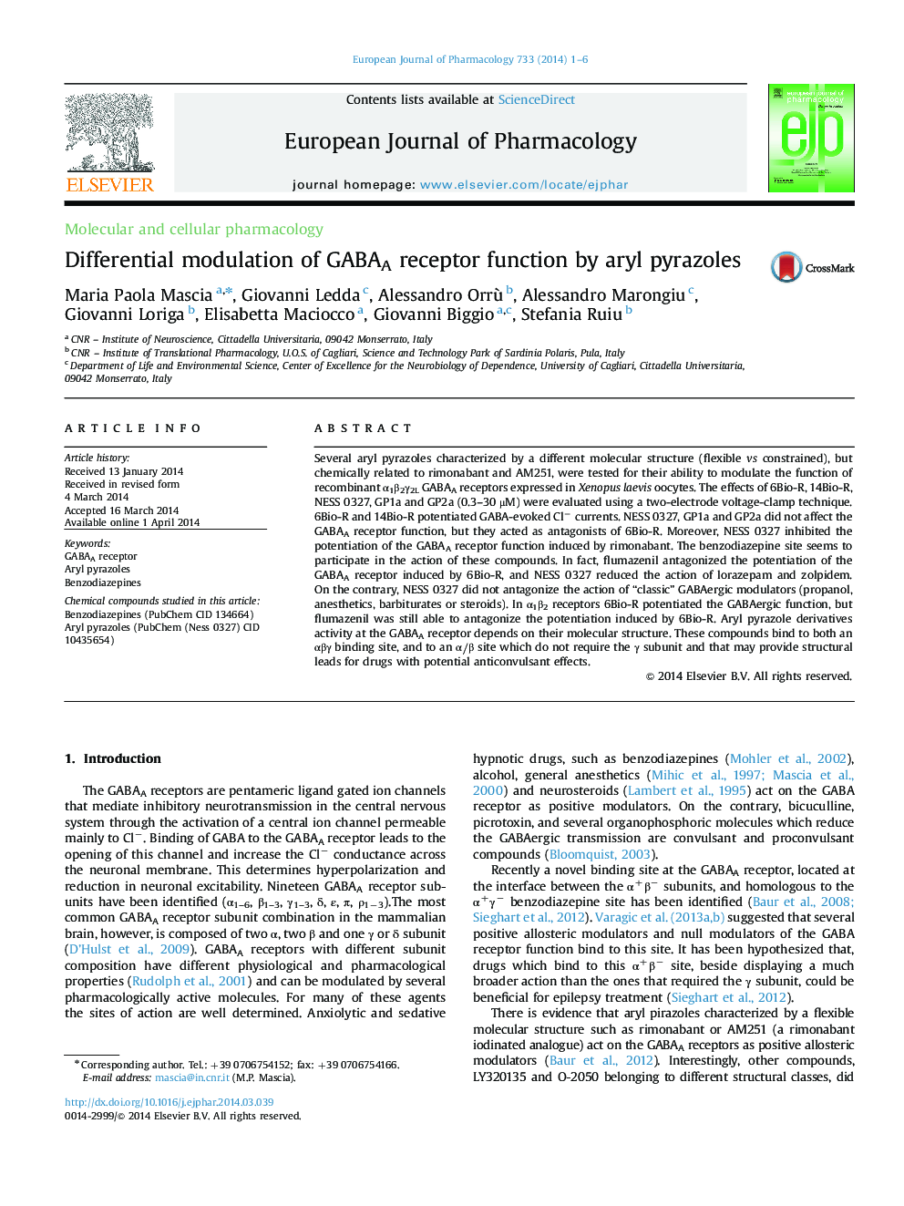 Differential modulation of GABAA receptor function by aryl pyrazoles