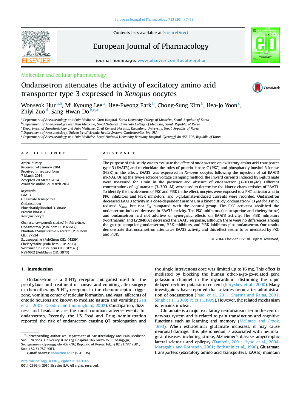 Ondansetron attenuates the activity of excitatory amino acid transporter type 3 expressed in Xenopus oocytes