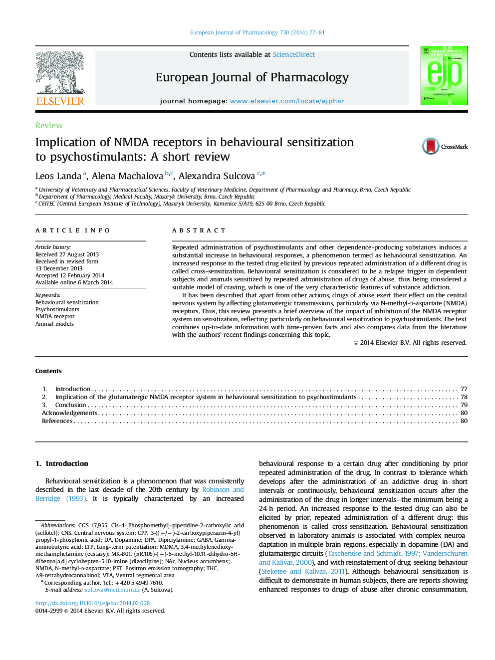 Implication of NMDA receptors in behavioural sensitization to psychostimulants: A short review