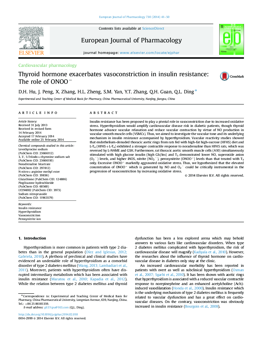 Thyroid hormone exacerbates vasoconstriction in insulin resistance: The role of ONOOâ