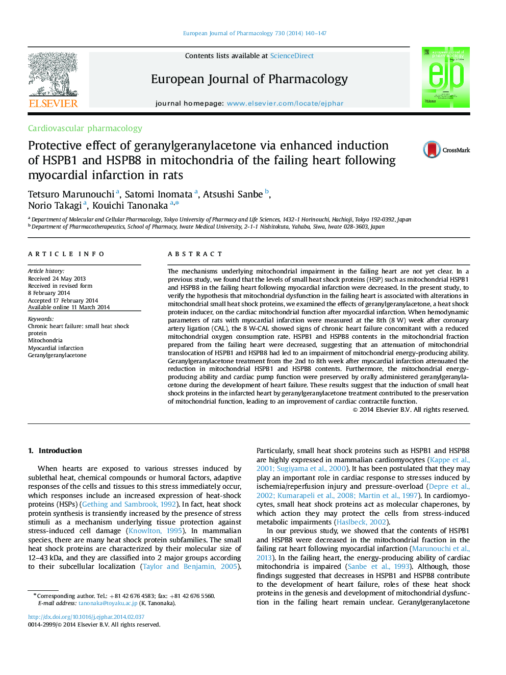 Protective effect of geranylgeranylacetone via enhanced induction of HSPB1 and HSPB8 in mitochondria of the failing heart following myocardial infarction in rats