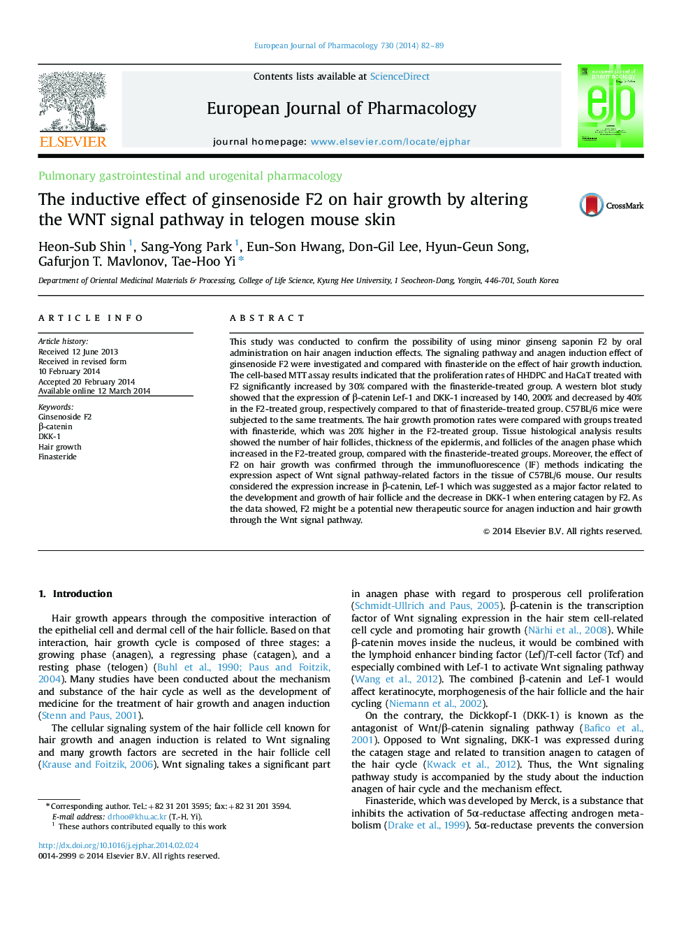 The inductive effect of ginsenoside F2 on hair growth by altering the WNT signal pathway in telogen mouse skin