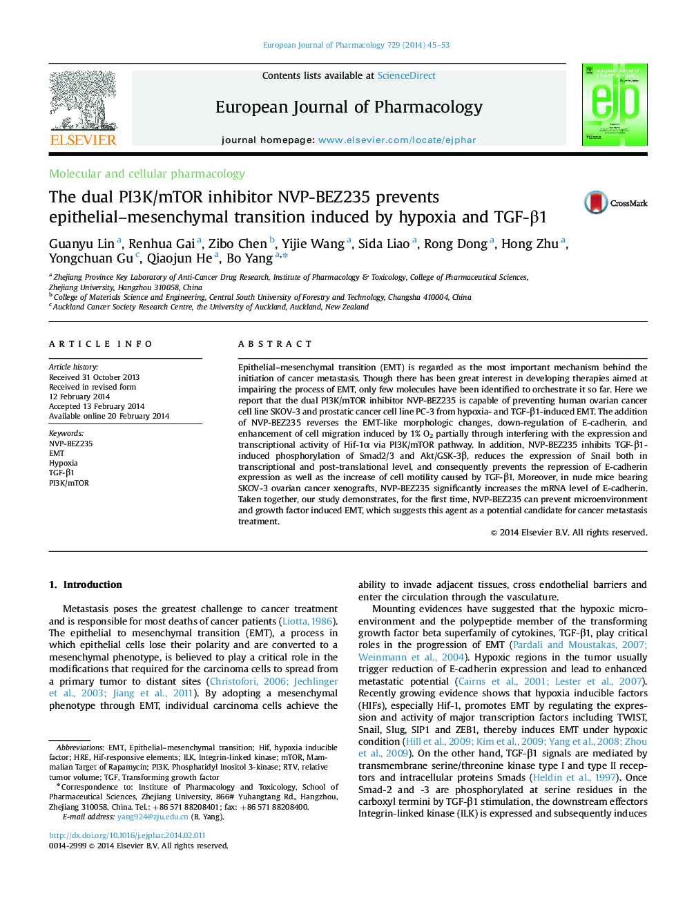 Molecular and cellular pharmacologyThe dual PI3K/mTOR inhibitor NVP-BEZ235 prevents epithelial-mesenchymal transition induced by hypoxia and TGF-Î²1