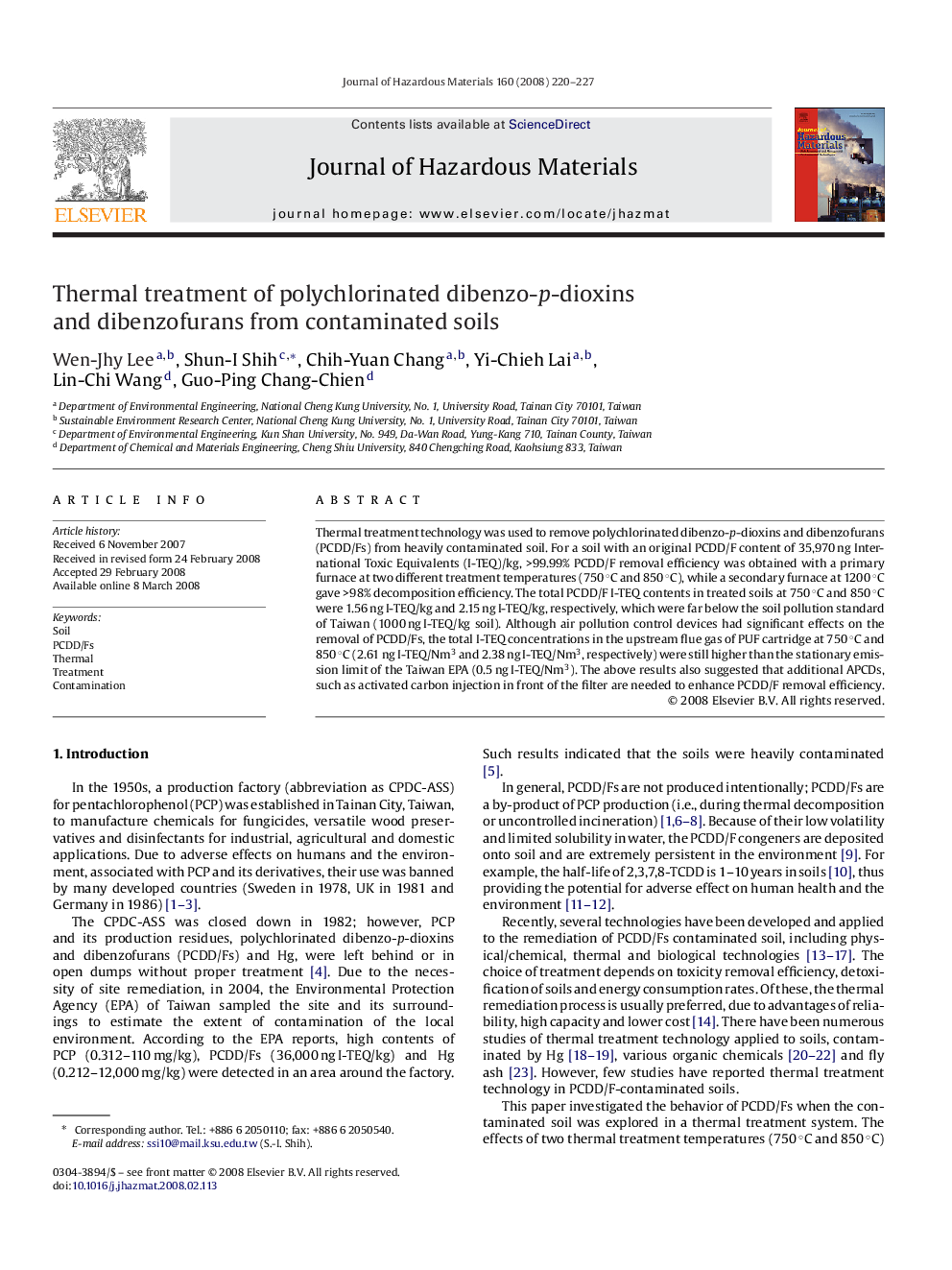 Thermal treatment of polychlorinated dibenzo-p-dioxins and dibenzofurans from contaminated soils