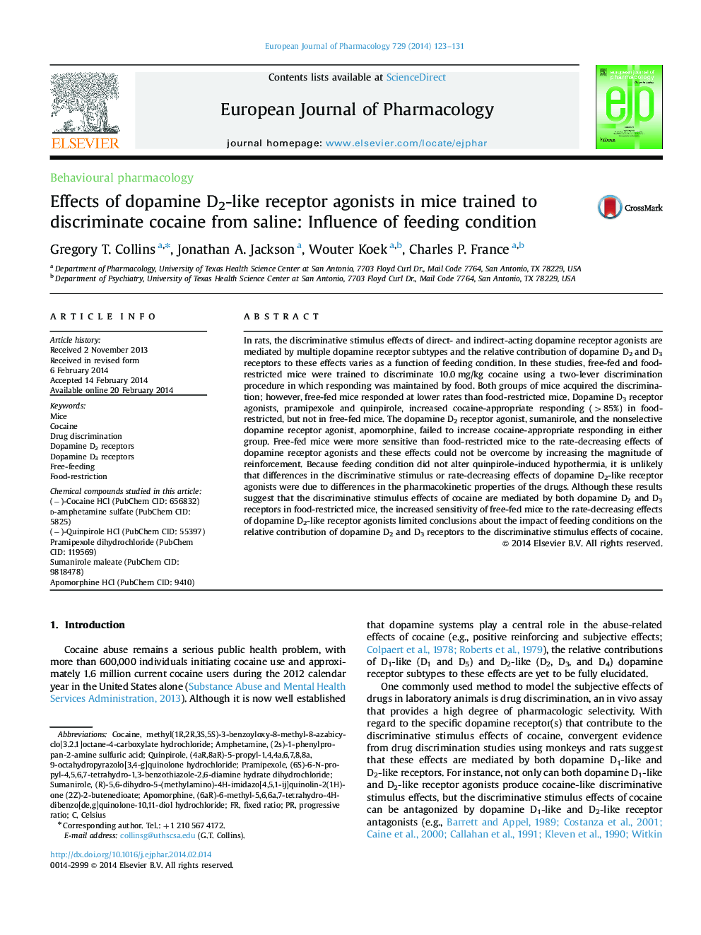 Effects of dopamine D2-like receptor agonists in mice trained to discriminate cocaine from saline: Influence of feeding condition
