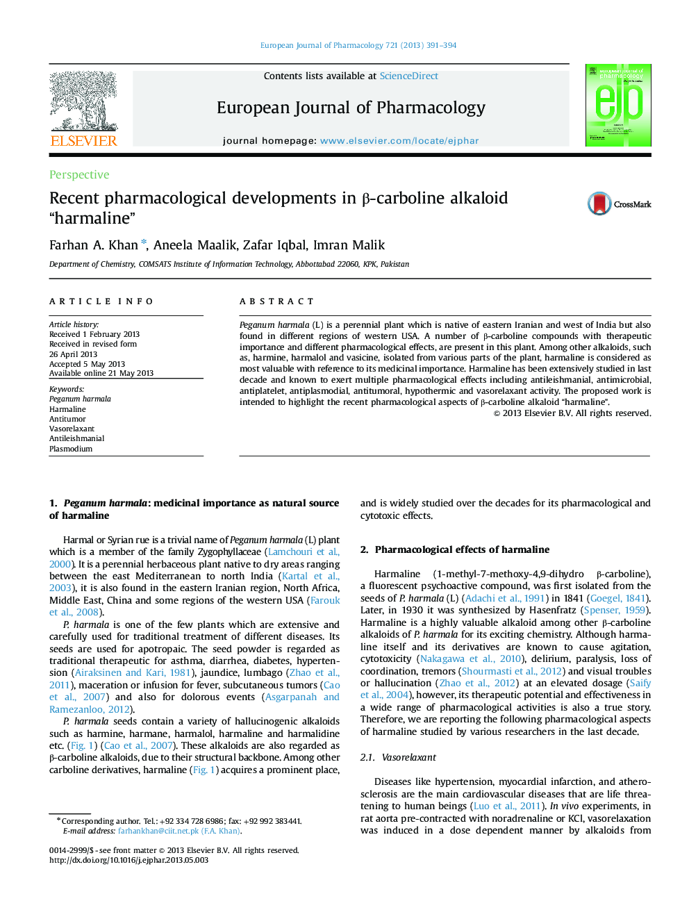 Recent pharmacological developments in Î²-carboline alkaloid “harmaline”