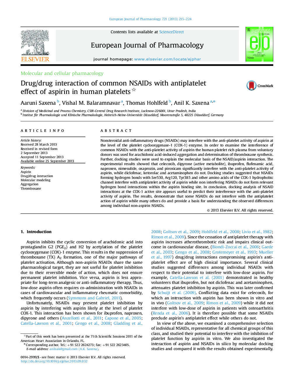 Molecular and cellular pharmacologyDrug/drug interaction of common NSAIDs with antiplatelet effect of aspirin in human platelets