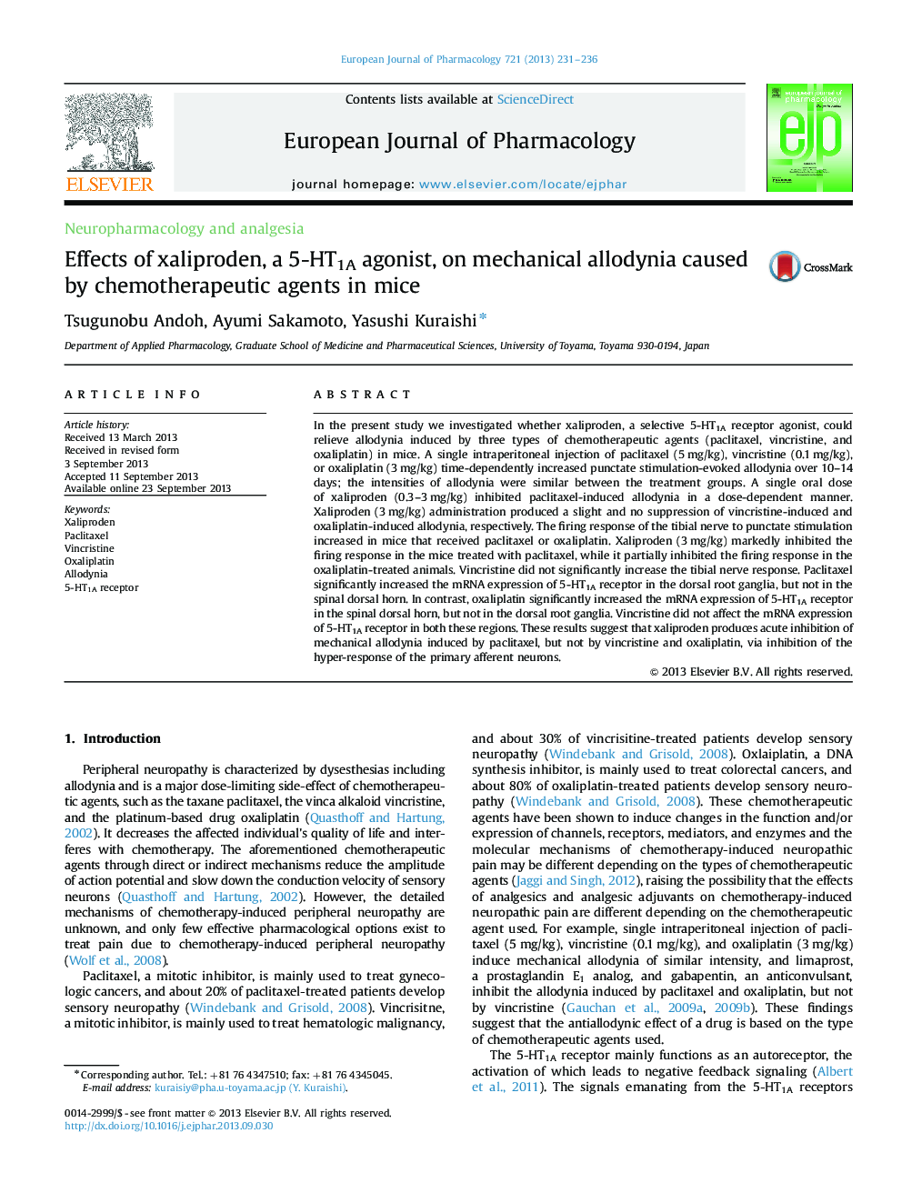 Effects of xaliproden, a 5-HT1A agonist, on mechanical allodynia caused by chemotherapeutic agents in mice