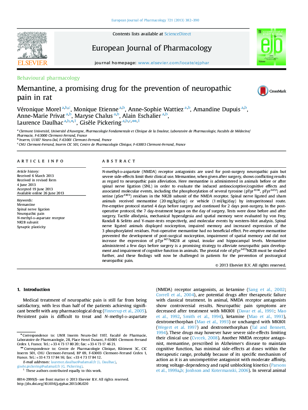 Memantine, a promising drug for the prevention of neuropathic pain in rat