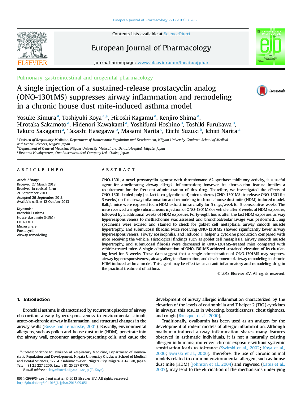 Pulmonary, gastrointestinal and urogenital pharmacologyA single injection of a sustained-release prostacyclin analog (ONO-1301MS) suppresses airway inflammation and remodeling in a chronic house dust mite-induced asthma model