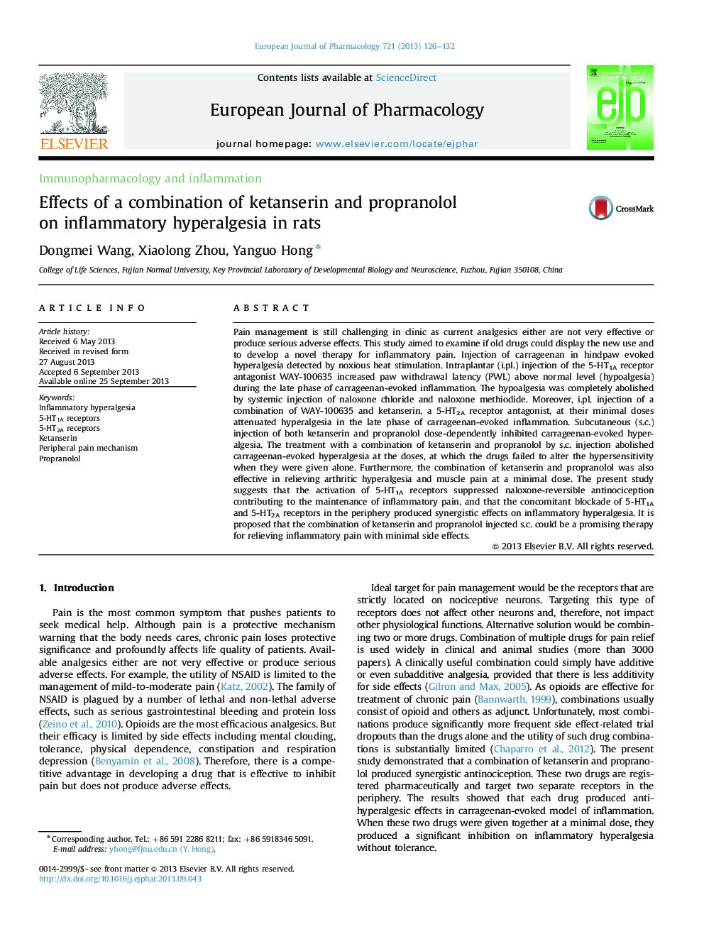 Effects of a combination of ketanserin and propranolol on inflammatory hyperalgesia in rats