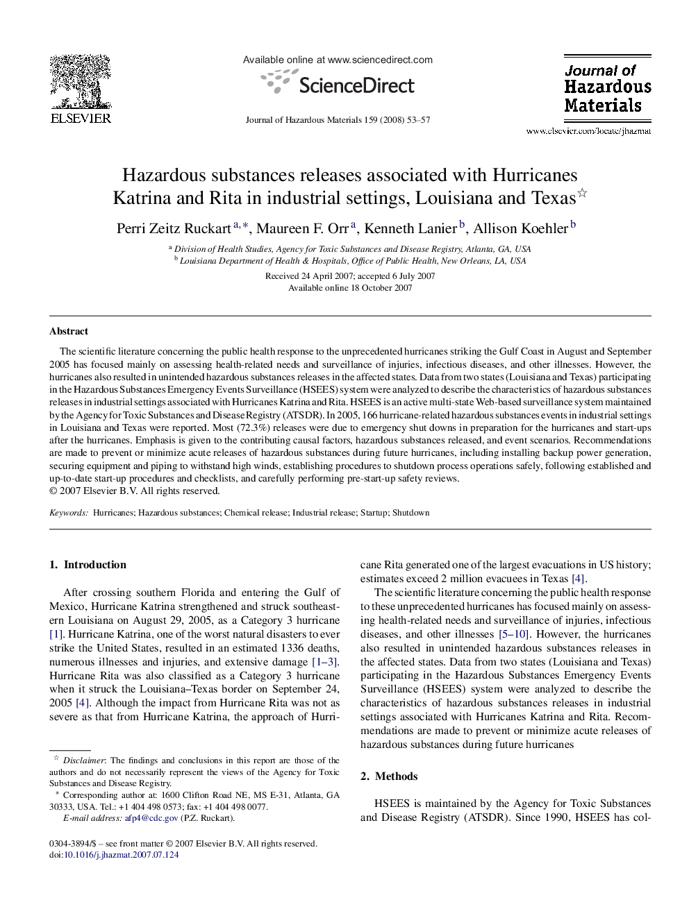 Hazardous substances releases associated with Hurricanes Katrina and Rita in industrial settings, Louisiana and Texas