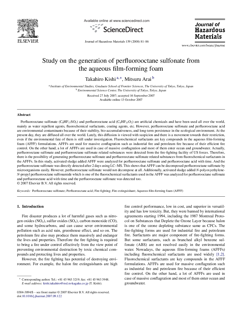 Study on the generation of perfluorooctane sulfonate from the aqueous film-forming foam