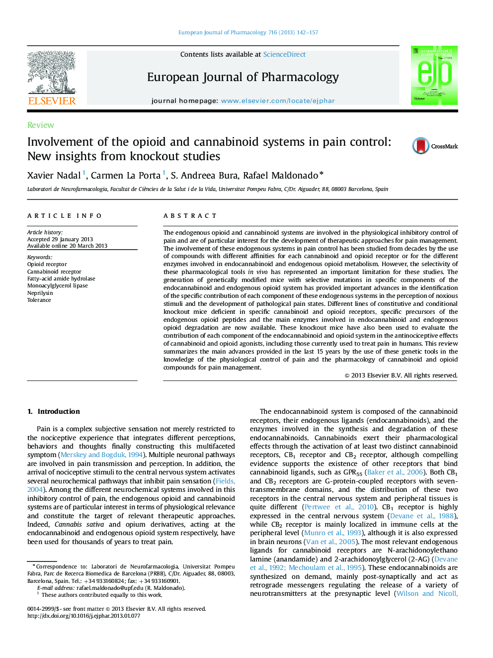 ReviewInvolvement of the opioid and cannabinoid systems in pain control: New insights from knockout studies