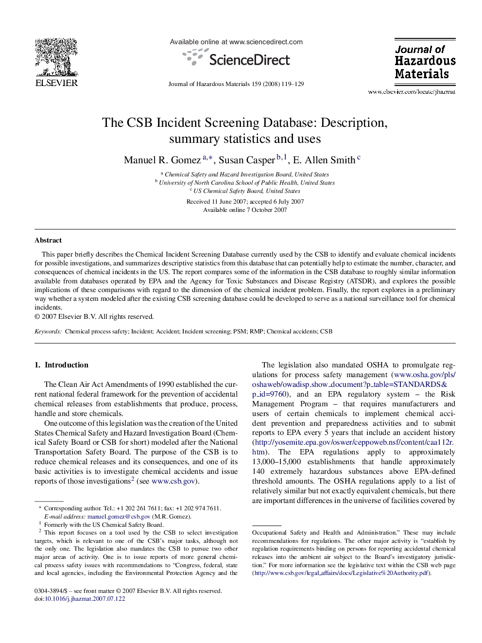 The CSB Incident Screening Database: Description, summary statistics and uses