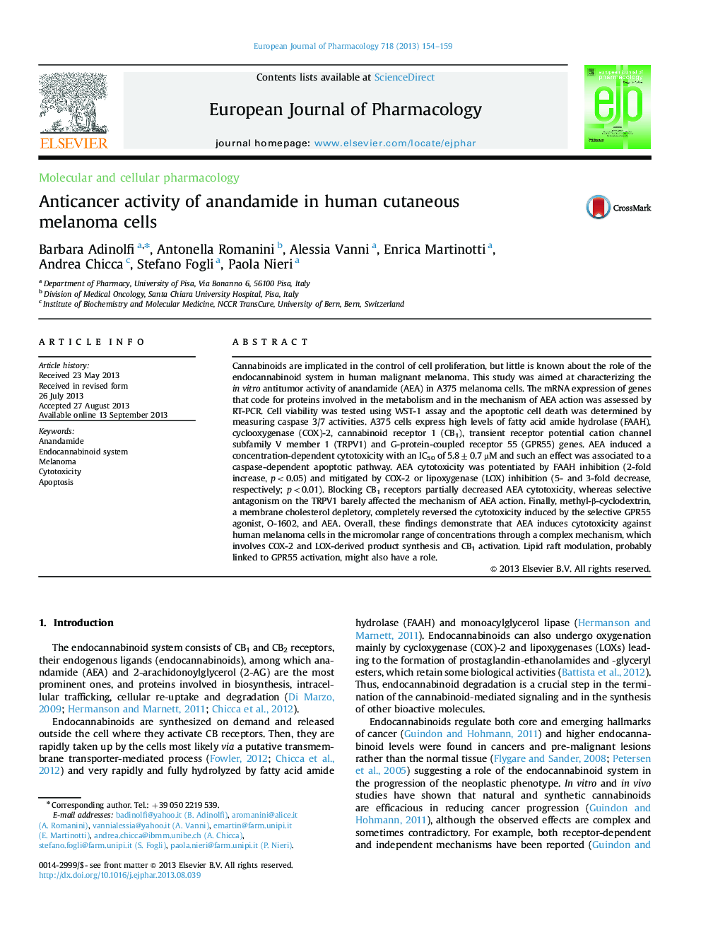 Molecular and cellular pharmacologyAnticancer activity of anandamide in human cutaneous melanoma cells