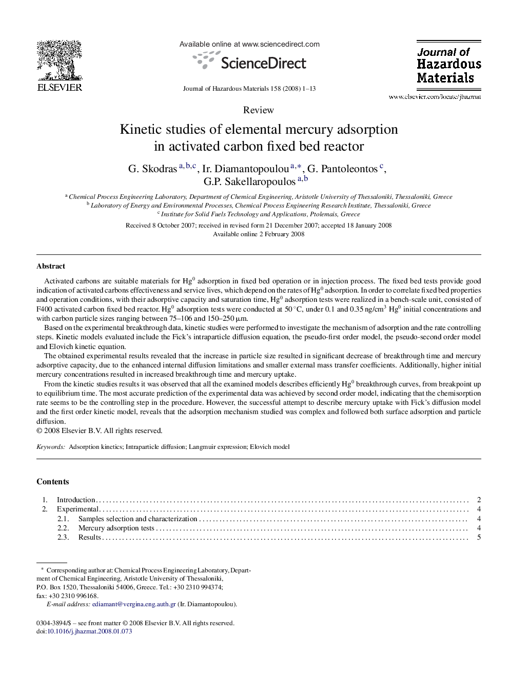 Kinetic studies of elemental mercury adsorption in activated carbon fixed bed reactor