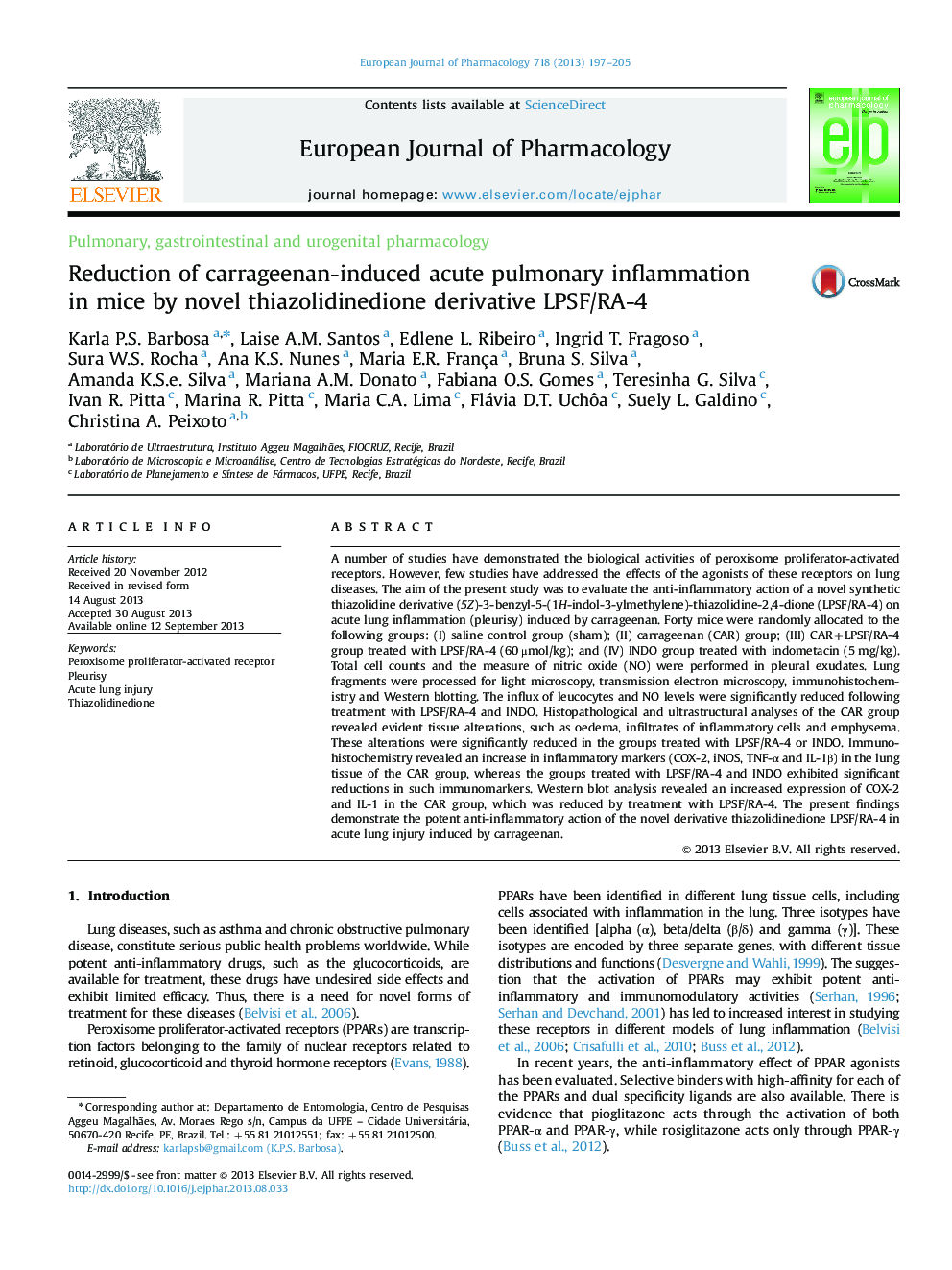 Pulmonary, gastrointestinal and urogenital pharmacologyReduction of carrageenan-induced acute pulmonary inflammation in mice by novel thiazolidinedione derivative LPSF/RA-4