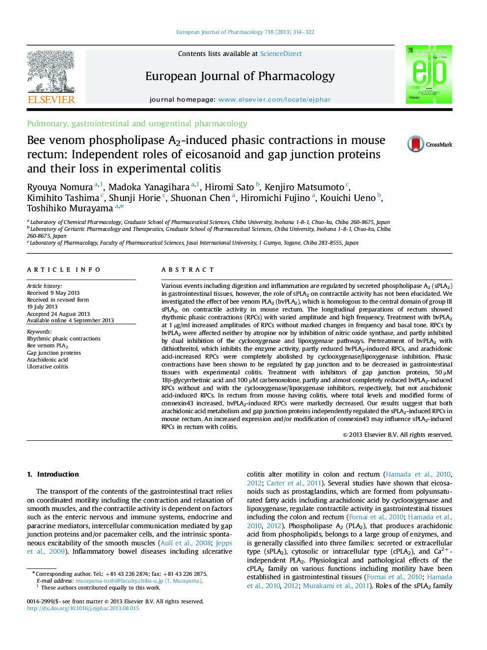 Bee venom phospholipase A2-induced phasic contractions in mouse rectum: Independent roles of eicosanoid and gap junction proteins and their loss in experimental colitis