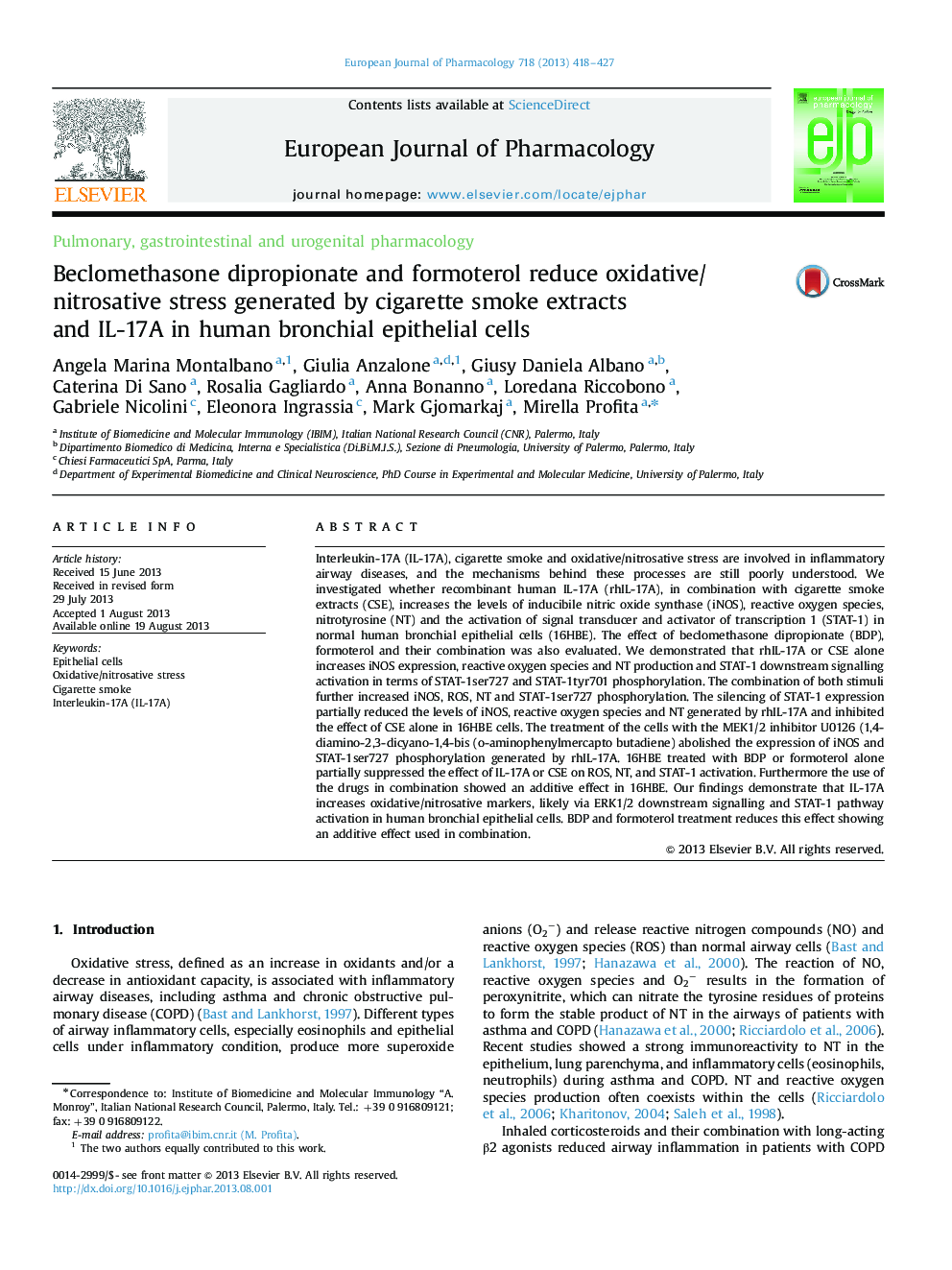 Beclomethasone dipropionate and formoterol reduce oxidative/nitrosative stress generated by cigarette smoke extracts and IL-17A in human bronchial epithelial cells