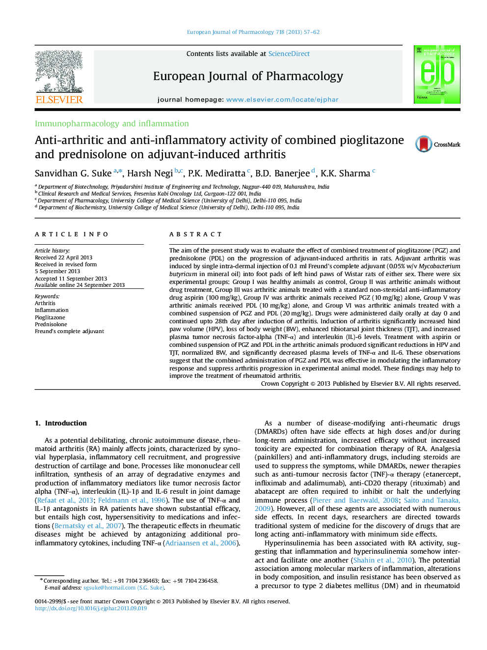 Anti-arthritic and anti-inflammatory activity of combined pioglitazone and prednisolone on adjuvant-induced arthritis